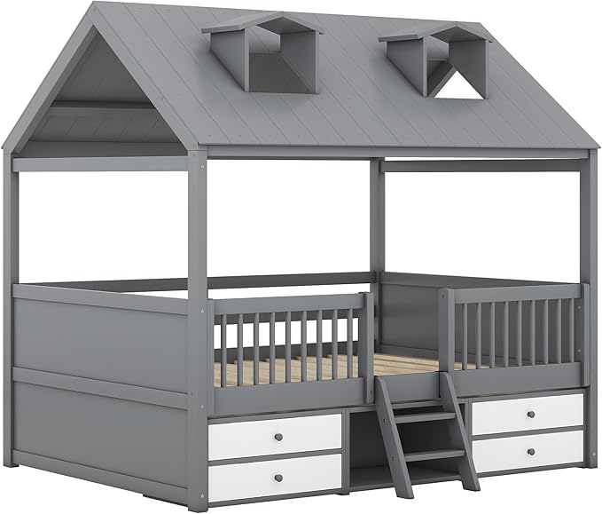 Merax Full Size Wood House Bed Frame with Full-Length Fence and 4 Storage Drawers, Kids Playhouse Tent Bed with Roof and 2-step Ladder for Children Boys Girls Teens Bedroom, No Box Spring Needed, Gray