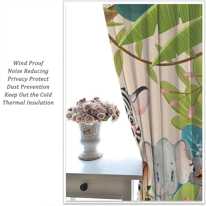 Animals Curtains Colorful Forest Cartoon Cute Zebra Tiger Elephant for Kids Boys Girls Nursery Bedroom Living Room Blackout Rod Pocket Decoration Window Drapes 2 Panels W36xL63in