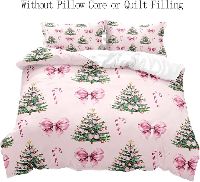 LUVIVIHOME 2PCS Pink Bow Christmas Tree Duvet Cover Twin Bedding Sets, Teen Girls Bedding, Xmas Tree Candy Cane Winter Holiday Christmas Comforter Cover, Coquette Room Decor Aesthetic, 1 Pillow Sham