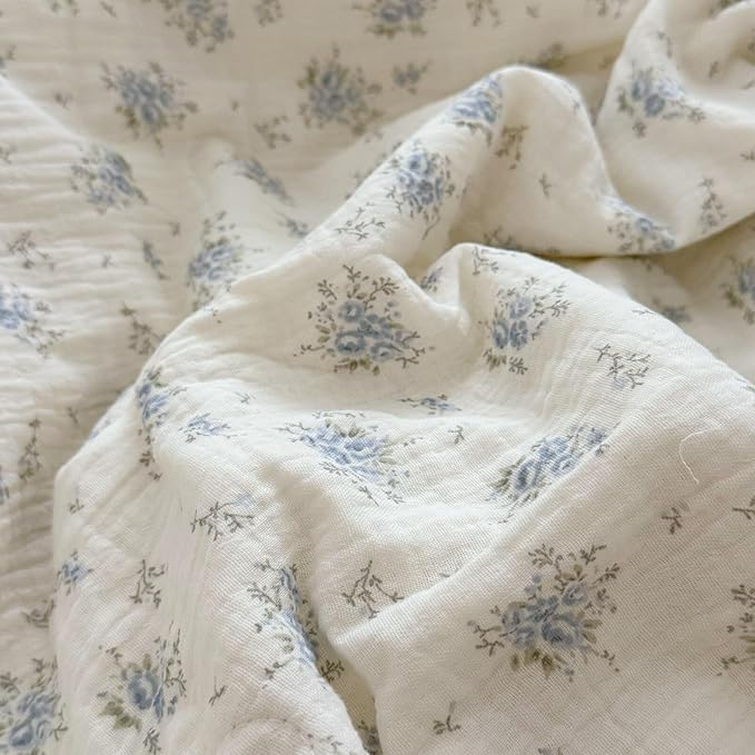 BuLuTu Chic Shabby Vintage Floral Duvet Cover Twin for Kids Girls Boys 100% Cotton Muslin Ruffled Quilt Cover Twin, 68"x86", Freesia Print, Soft Breathable, Zipper Closure, No Pillowcase