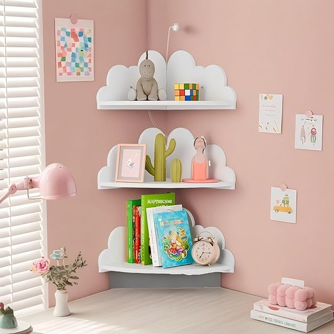 Cloud Wall Shelf Set of 3 Corner Hanging Shelf Nursery Book Shelf, Scalloped Design, Safe and Non-Toxic Sheet Wall-Mounted Background for Kids Bedroom, Toddler Room, Baby Room Decor