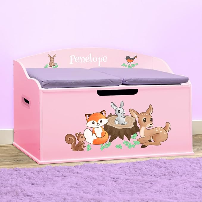 DIBSIES Personalized Creative Wonders Toy Box, Woodland Creatures, 30 x 19.25 x 18 inches, Soft-Close Lid (Pink)