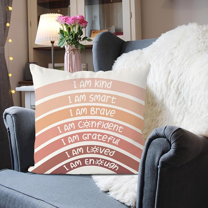 QIYUHOY Fall Decor Boho Rainbow Classroom Throw Pillow Covers, Book Center Calming Corner Playroom Decor Pillow Case, Orange Pillow Cover, I Am Kind Smart Brave Confidence 22x22 Inch (Orange)