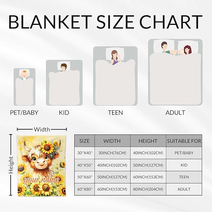 Custom Highland Cow Throw Blanket - 50" x 60" Inches Highland Cow Sunflower Blanket for Teens - Yellow Lightweight Warm Throw for Couch, Bed & Travel