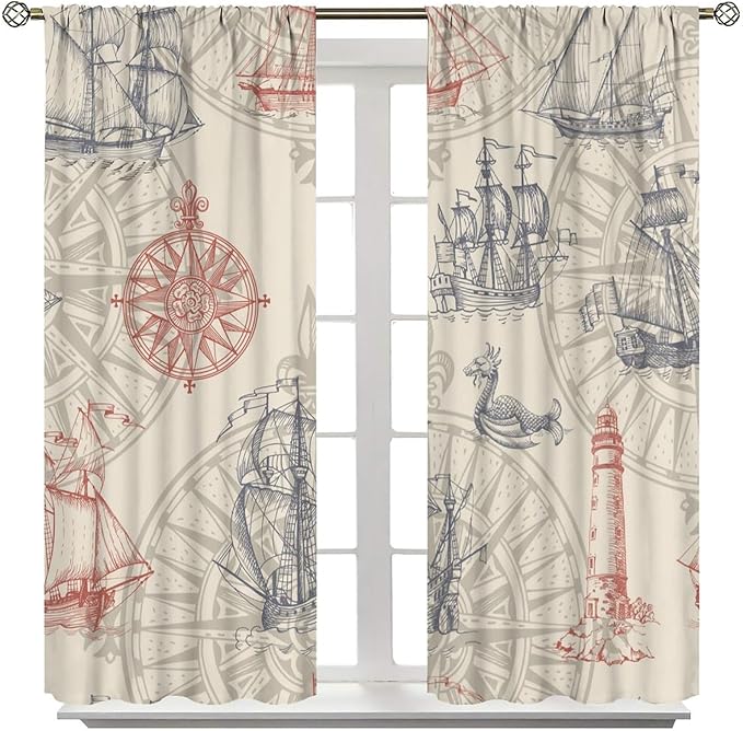 Abstract Nautical Curtain Set Seahorse Curtain for Kids Yellow Polyester Fabric Bedroom Curtain Set 2 Panels,42x45 Inches