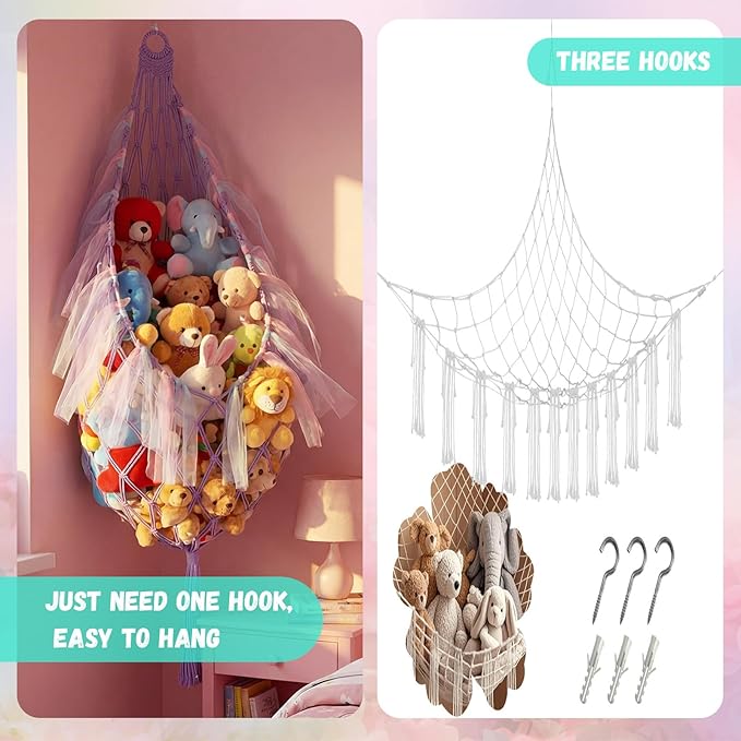 Stuffed Animal Storage Organizers with LED Lights 59 Inch Large Toy Storage Stuffed Animal Hammock Macrame Toy Display Plush Holder Wall for Bedroom Decor Boho Nursery Playroom Organizer