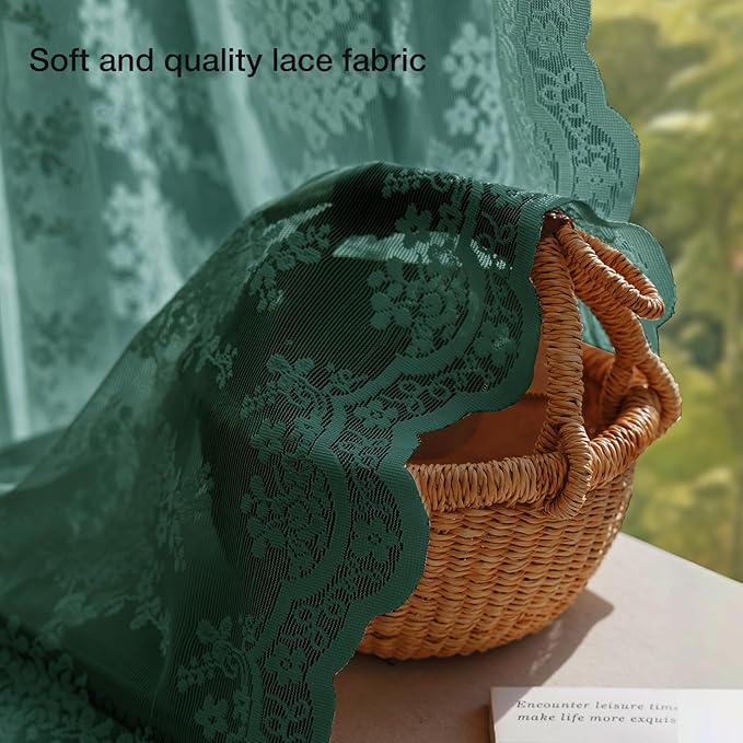 Anmao Vintage Lace Curtains 96 Inches Long 2 Panels, Romantic Semi Sheer Floral Lacy Curtain for Living Room, Elegant Window Drapes for Bedroom, Each Panel 55W x 96L, Turquoise