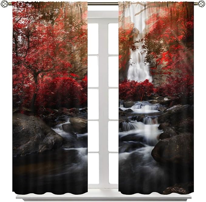 Nature Waterfall Blackout Curtains, Autumn Waterfall Romantic Forest Landscape Print Rod Pocket Window Drapes, for Bedroom Living Room 63" W X 63" L