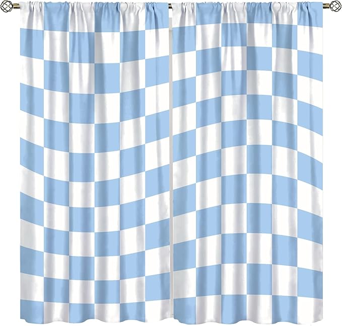 Blue Checkered Curtains,70s Vintage Twisted Checkered Window Drapes Colorful Groovy Trendy Wavy Hippie Grid Print Window Treatments for Kids Girls Bedroom Living Room 55" W X 63" L