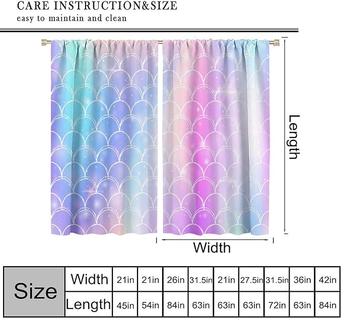Mermaid Blackout Curtains, Kids Cartoon Blue and Pink Ocean Mermaid Scale Pattern Decoration for Girls Bedroom Nursery Curtains 52x84 Inch