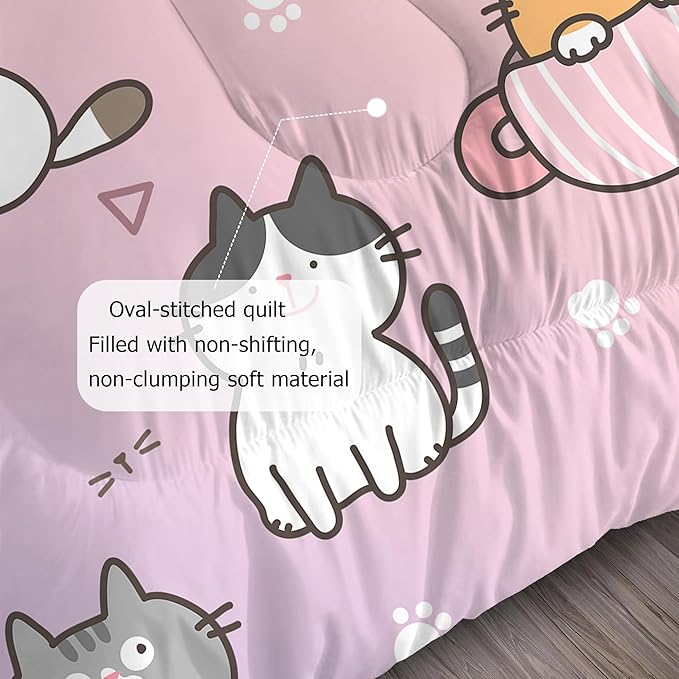 Cat Comforter Set Queen: Colorful Cartoon Cats Bedding Set Cute Kitten Rainbow Feline Quilt 3 Piece for Women Girls Teens Adults 1 Comforter & 2 Pillowcases