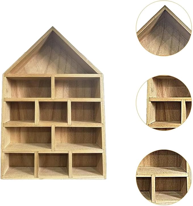 Wooden Outline Box Display Shelf, Wall-Mounted Organizer for Home Decor, House-Shaped Storage Shelving, Multi-Compartment Wood Shelf for Living Room, Bedroom, Office