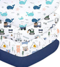 Little Grape Land Crib Sheets Baby Toddler Sheets 4 Pack Fitted for Boys Girls, Standard Size 28x52‘’ Crib Mattress, Super Soft Breathable Washable Microfiber, Whale & Trucks & Little Bear & Navy Blue