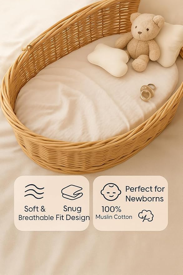 Muslin Bassinet Sheets Set of 2, Green & Beige Bassinet Sheets 33x17 Inches, Soft Fitted Bedside Sheets for Rectangle & Oval Mattress, Breathable, Gentle, Won’t Slide or Wrinkle