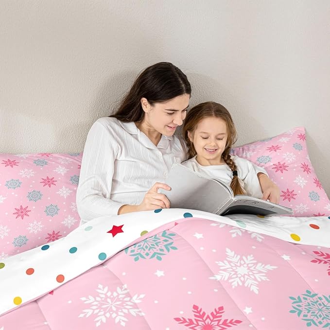 Feelyou Winter Snowflakes Bedding Set Soft for Boys Girls, Winter Holiday Comforter Set King Size Frozen Snowflake Duvet Quilt Microfiber Pink Bedroom Decor 3 Pcs with 2 Pillow Cases