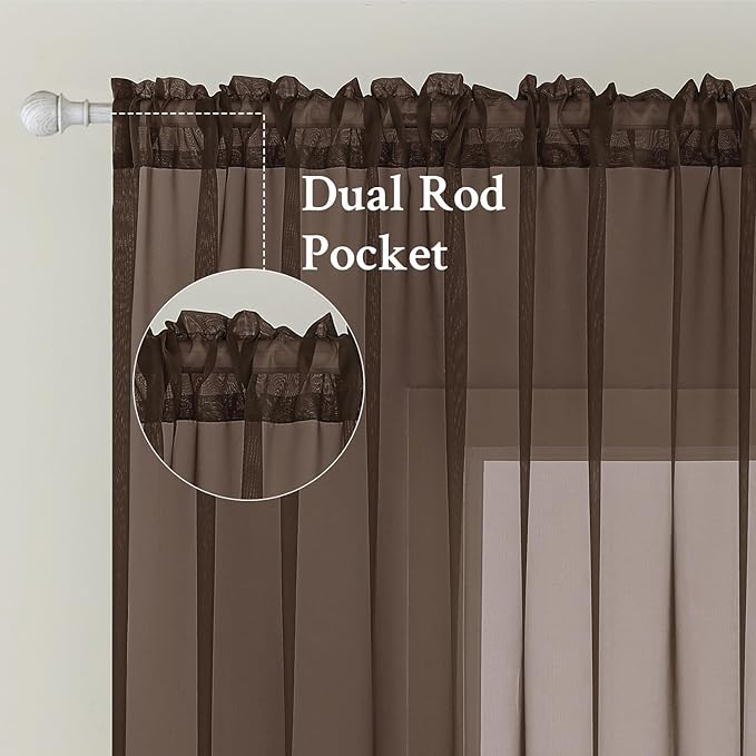 MIULEE Chocolate Brown Sheer Curtains 72 Inches Long 2 Panels, Light Filtering Voile Drapes with Rod Pocket for Bedroom and Living Room Windows