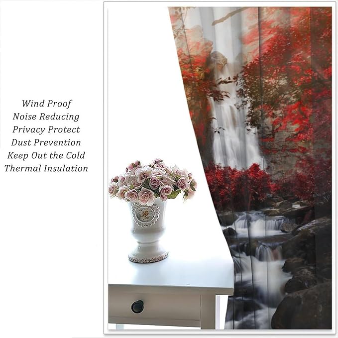 Nature Waterfall Blackout Curtains, Autumn Waterfall Romantic Forest Landscape Print Rod Pocket Window Drapes, for Bedroom Living Room 42" W X 54" L