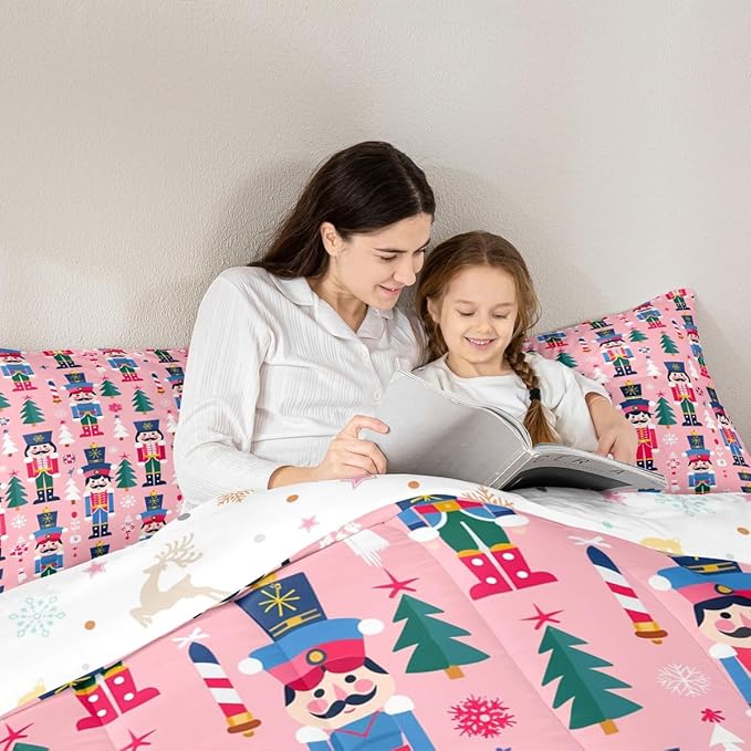 Feelyou Cute Nutcracker Kids Comforter Set Full Christmas Tree Bedding Set Xmas Snowflake Duvet Quilt for Kids Boys Girls Bedroom Colorful Soldier Decor Candy-Cane Designs Microfiber Soft Breathable