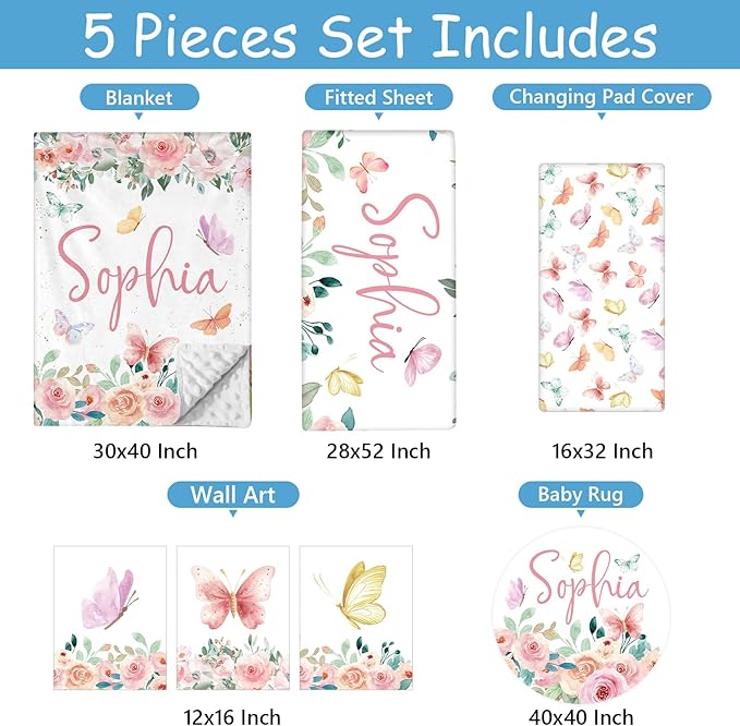 Personalized Baby Crib Bedding Set for Girls, 5 Pcs Pink Butterfly Crib Set for Baby, Custom Name Double Layer Nursery Bedding Sets for Infant Toddlers, Customized Gifts for Newborns