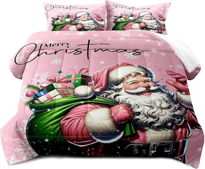 LUVIVIHOME 3PCS Merry Christmas Comforter Set King Size, Funny Santa Claus Bedding, Kids Teens Girls Bedding, Winter Snowflake New Year Christmas Bedroom Decor, Pink Quilt, Xmas Gifts, 2 Pillow Shams