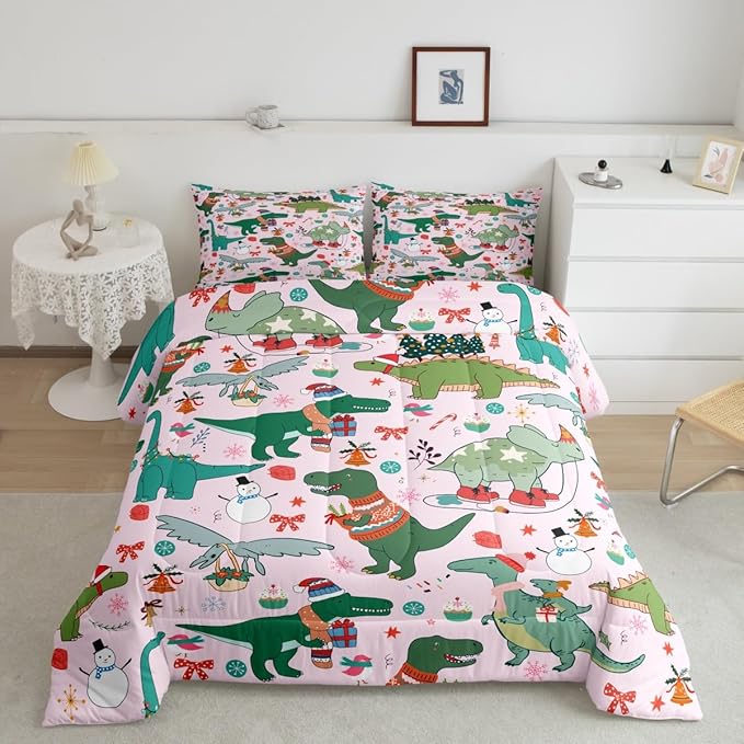 Feelyou Christmas Pink Comforter Set Full Size for Kids Boys Girls Cartoon Xmas Dinosaur Bedding Set Snowman New Year Decorations Bedroom Quilt Set