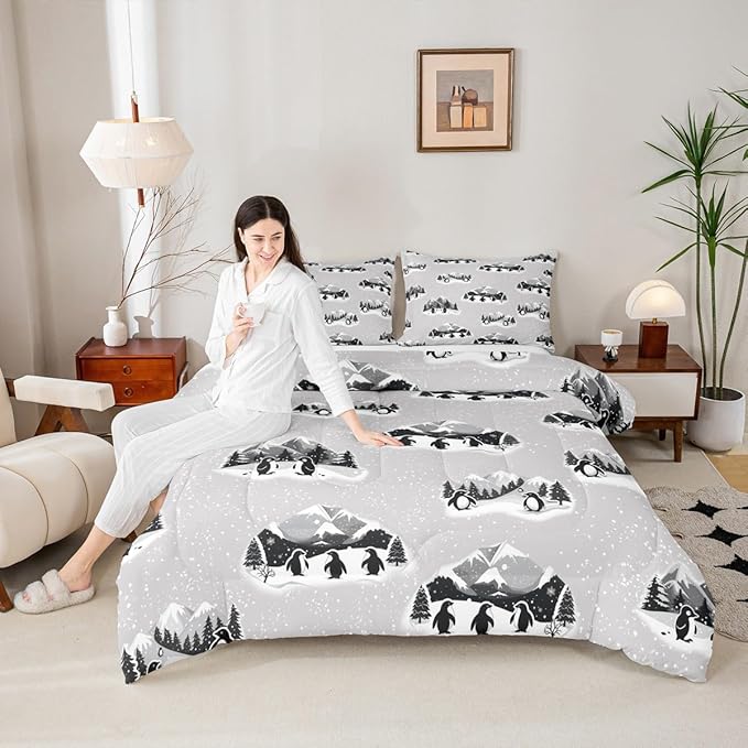 Feelyou Christmas Kids Comforter Set King Size Polar Penguin Bedding Set Snowflake Duvet Quilt for Kids Boys Girls Bedroom Winter Decor Microfiber Ultra Soft Breathable