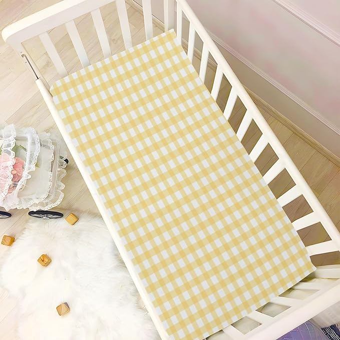 Yellow Gingham Crib Sheets for Boys and Girls, Fitted Baby Crib Sheets Soft and Breathable Mini Crib Sheets 52 X 28 Inches