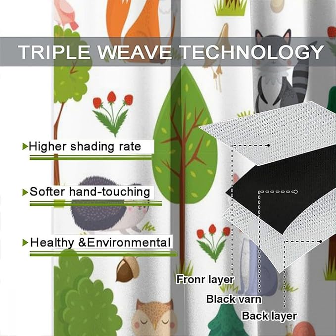 Jungle Animal Curtains, Woodland Animals Forest Pattern Blackout Window Treatments, Rod Pocket Thermal Insulated Drapes 2 Panel Sets for Kids Room Nursery Classroom, 63" W X 63" L