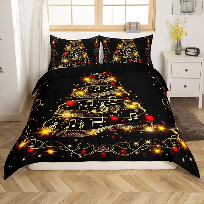 Manfei Christmas Tree Duvet Cover Set Twin Size, Gold Musical Note Print Bedding Set 2pcs for Kids Boys Girls Bedroom Decor, New Year Theme Xmas Holidays Comforter Cover with 1 Pillowcase,No Comforter