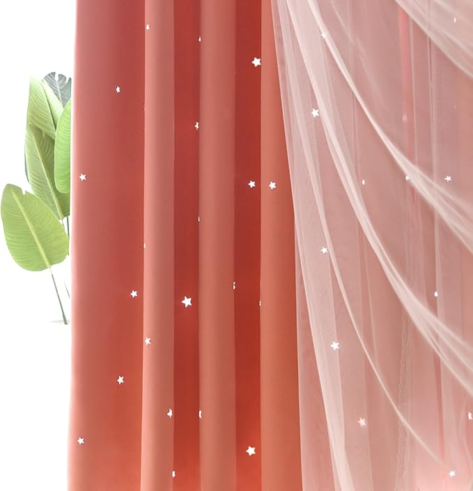 Kinryb Princess Curtains for Girls Bedroom with Sheer Overlay,Double Layer Curtain for Living Room with Star Cutout, Curtains for Kids Room (70 W*95 L Inches,2 Pcs Coral)