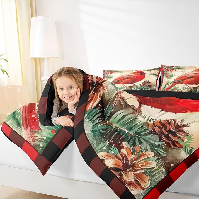 jejeloiu Kids Red Cardinal Comforter Set King Size Christmas Red Black Plaid Bedding Set for Boys Girls Teens Xmas Birds Winter Rustic Wood Plank Animal Duvet Quilt Room Decor