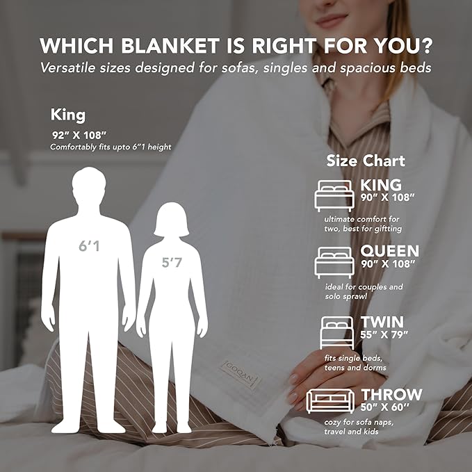 Goqan Muslin Throw Blanket 55x60 – 100% Cotton 4 Layer Boho Muslin Blanket for Adults, Lightweight, Soft, Breathable for Bed, Couch, Picnic - White