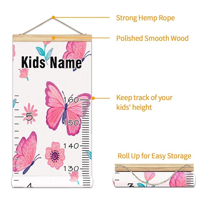 Personalized Kids Name Growth Chart Ruler for Wall Wood Frame Height Measure Chart 13.4x56 in Linen Hanging Height Growth Chart Pink Butterfly & Flower Kids Room Decor