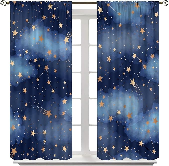 Starry Sky Curtains, Starry Scenery Blue Night Sky Stars Window Drapes for Kids Boys Girls Bedroom Living Room 42" W X 45" L(No Blackout)