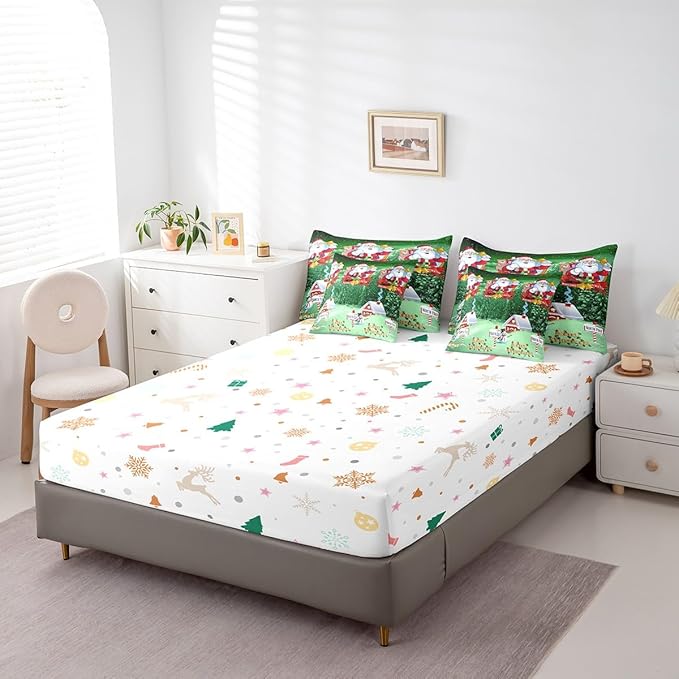 Feelyou Santa Claus Printed Bed Set Christmas Decorations Bed in a Bag for Kids Boys Girls Galaxy Blue Cute Decor Comforter Set with Sheets Snowman Snowflake Bedding Set Bedroom Collection King Size