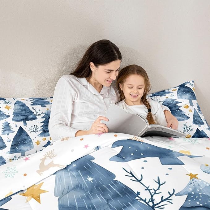 Feelyou Christmas Comforter Set All Season Xmas Tree Bedding Set with 1 Pillow Cases Watercolor Blue Microfiber Kids Toddler Bedclothes Snowflake Bedroom Decor Duvet Quilt Breathable Soft Lightweight