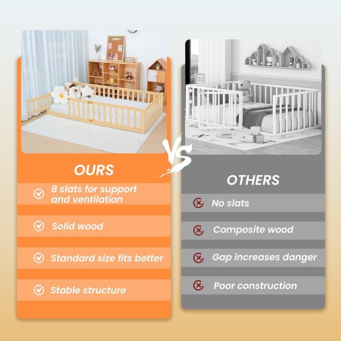 NAIZEA Twin Floor Bed for Kids-Twin Montessori Bed Frame with Wood Slats and Door and Slats, Wood Toddler Floor Beds for Girls and Boys, Natural