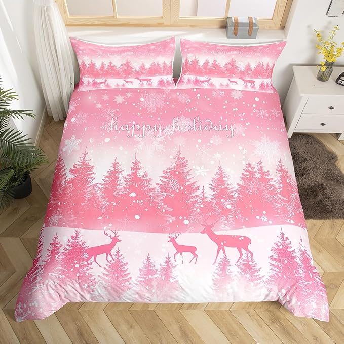 Manfei Pink Glitter Duvet Cover Set Twin Size, Xmas Trees Deers Snowflakes Print Bedding Set 2pcs for Kids Girls Teens Bedroom Decor, Christmas Theme Comforter Cover with 1 Pillowcase,No Comforter