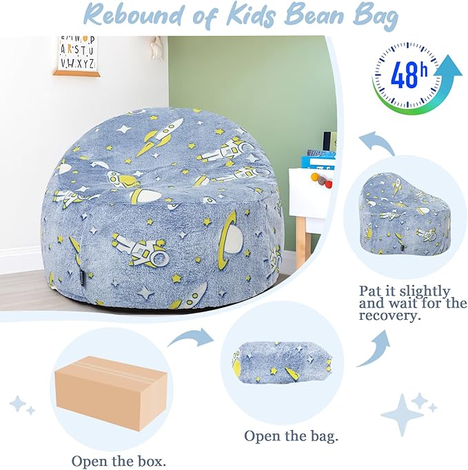 COMAX Bean Bag Chairs for Kids, Toddler BeanBag Sofa with Filler Bean Couch Stuffed for Boys and Girls, Lazy Floor Chair for Playroom, Nursery Room, Blue Space
