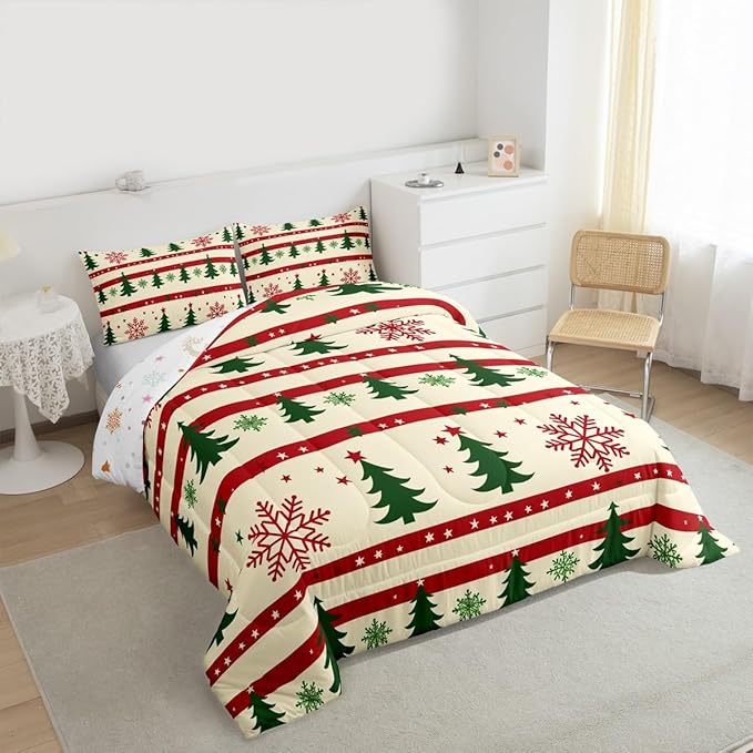 Feelyou Christmas Bedding Set Soft for Boys Girls, Xmas Tree Comforter Set King Size Snowflake Star Duvet Quilt Microfiber New Year Theme Bedroom Decor 3 Pcs with 2 Pillow Cases