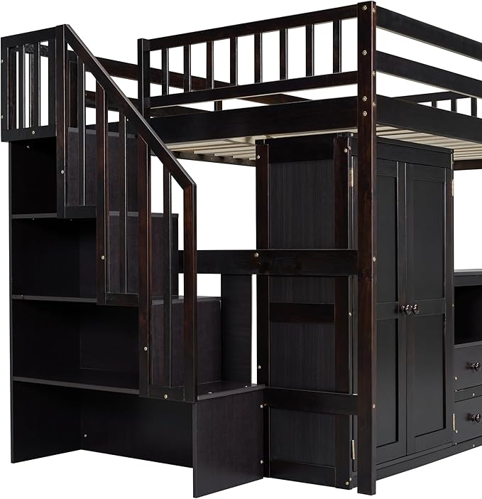 Merax Kids Full Multifunction Loft Bed with Desk/Wardrobe, Wood Storage Loft Bed with Staircase, Bookshelf & Drawers, No Box Spring Needed, Space Saving, Espresso