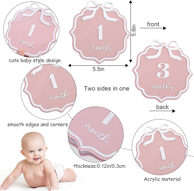 Pink Acrylic 1 to 12 Months Milestone Cards - Little Princess First Year Photo Props,Double Sided Monthly Growth Record Sign,Newborn 1st Birthday Milestone Board,Bow Nursery Decorations