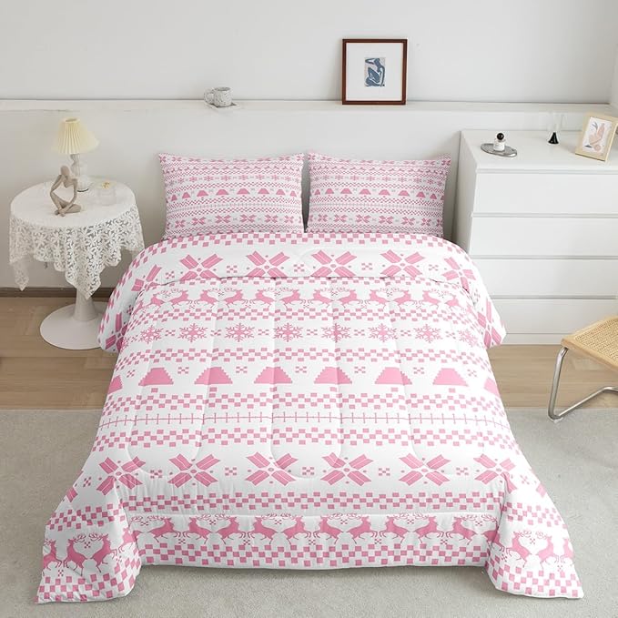 Feelyou Christmas Bedding Set for Kids Boys Girls King Size Xmas Deer Elk Decor Comforter Set Ultra Soft Winter Comforter Xmas Snowflake Duvet Quilt Bedroom Decor Christmas Decor Quilt