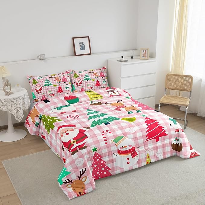Castle Fairy Merry Christmas Kids Full Size Comforter Set,Cartoon Xmas Style Cute Animals Bedding Comforters Bedroom Collection,Santa Claus Pine Trees Pink Checkered Bedding Set for Girls Teens