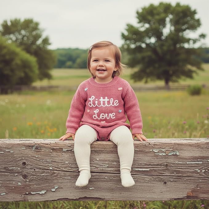 Lesimsam Newborn Baby Boy Girl Valentines Day Outfit Oversized Embroidery Long Sleeve Knit Sweater Bubble Romper Bodysuit