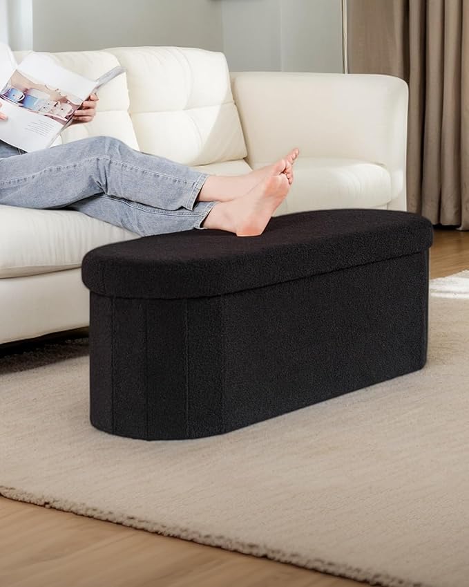Storage Ottoman Bench, 43.3" Oval Upholstered Ottoman Foot Rest Foldable Boucle End of Bed Storage Bench for Living Room, Entryway, Black