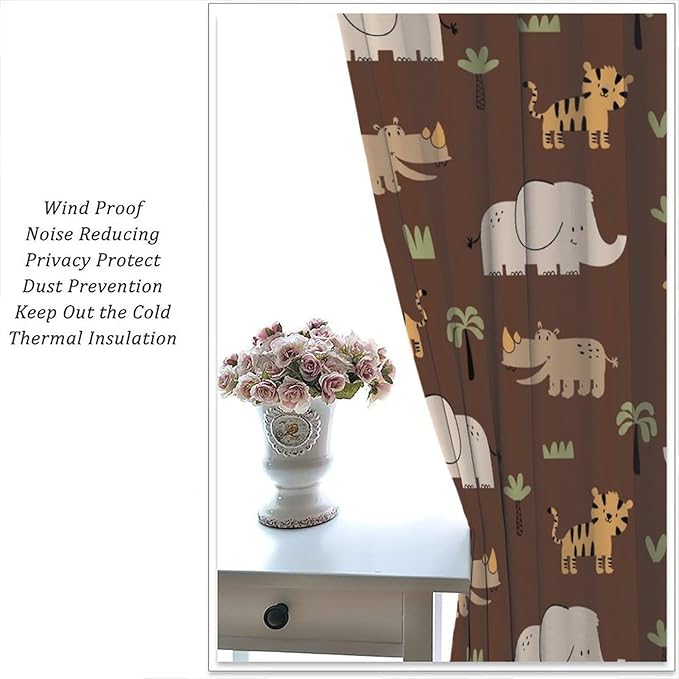 Jungle Safari Animals Blackout Curtains Cartoon Tropical Forest Animals Elephant Tiger Brown Art Print for Kids Boys Bedroom Nursery Rod Pocket Decoration Window Drapes 2 Panels W26xL84in