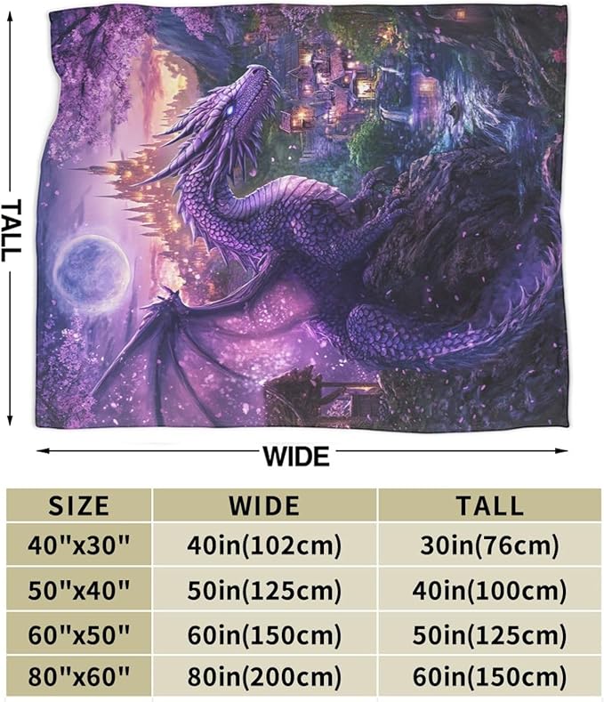 Dragon Blanket Purple Throw Blankets for Girls Boys Soft Warm Cool Mysterious Castle Throws Flannel Fleece Plush Animal Gifts for Kids Men Women Adults for Bed Sofa Bedding Decor 80"x60"