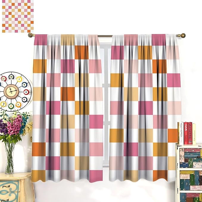 Pink Checkered Curtains,70s Vintage Twisted Checkered Window Drapes Colorful Groovy Trendy Wavy Hippie Grid Print Window Treatments for Kids Girls Bedroom Living Room 84" W X 84" L