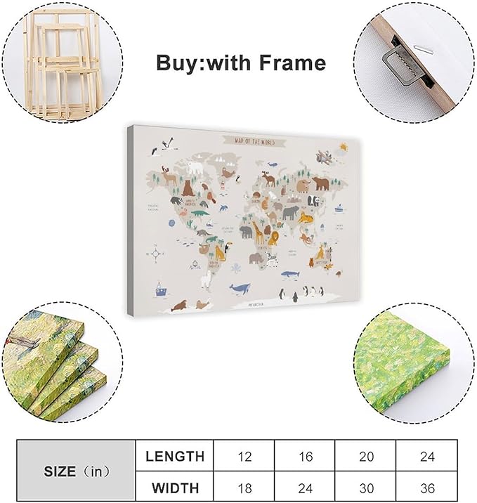 Kids World Map - Playroom Animal World Map - Nursery Educational Poster Canvas Poster Wall Art Picture Paintings for Living Room Bedroom Decoration Frame-style12x18inch(30x45cm)